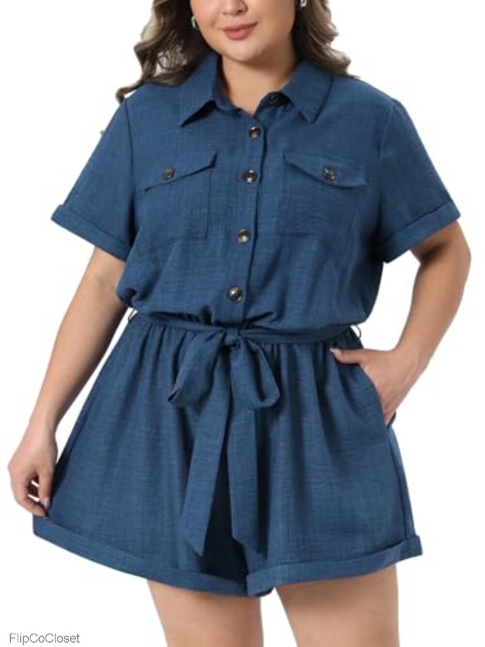 Plus Size Rompers for Women Short Sleeve Button Down Belted with Pockets Faux